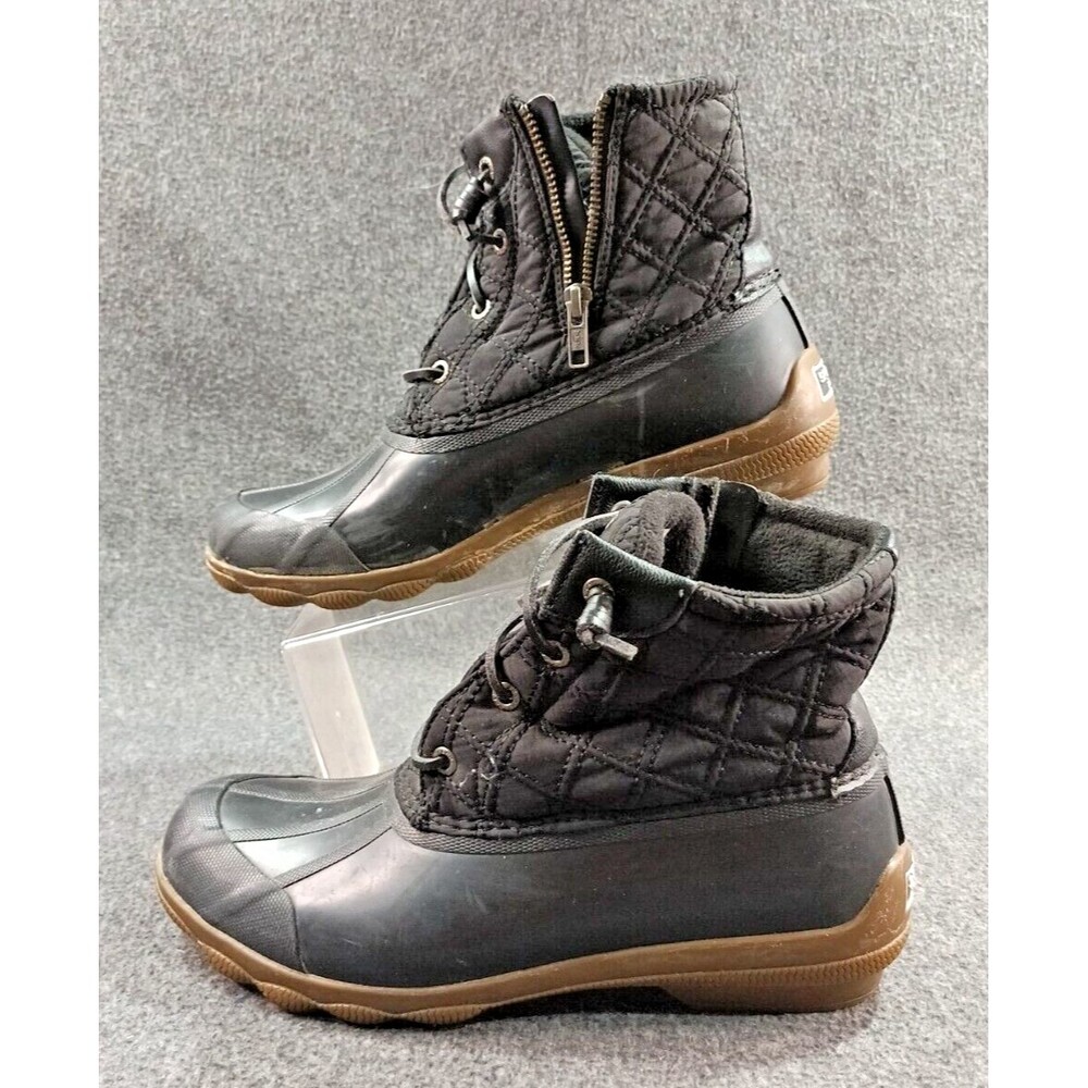 Sperry Womens Black Water Duck Boots Quilted STS86445  Size 9 Leather Laces